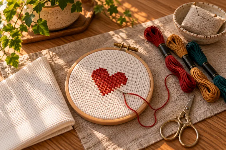 A beginner kit: a hoop with a half-stitched heart, floss and scissors