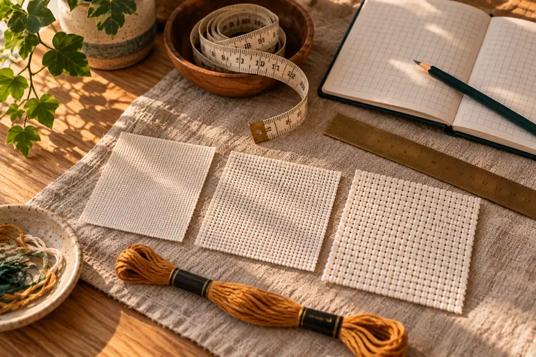 Aida fabric in three counts with a measuring tape and a ruler