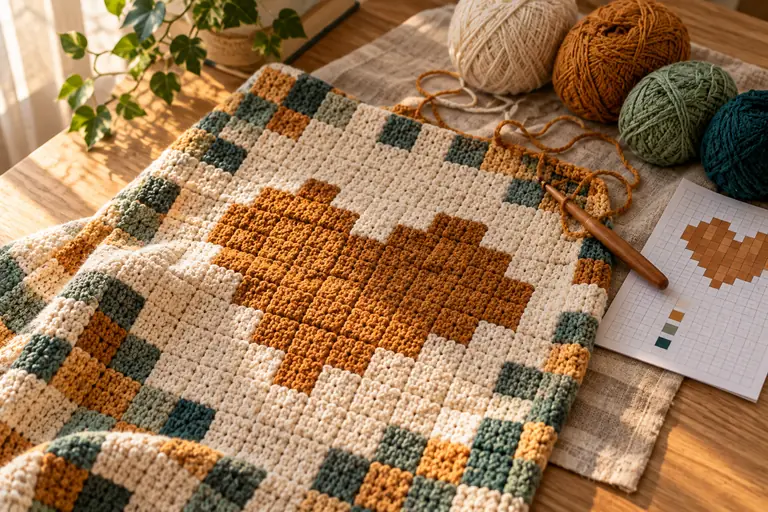 A corner-to-corner crochet blanket with a pixel heart