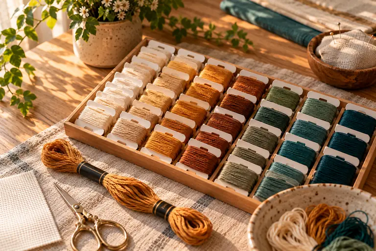 Embroidery floss on bobbins sorted from cream to amber to teal