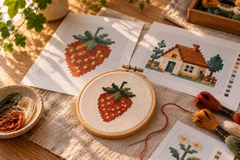 Printed strawberry and house charts with a stitched strawberry