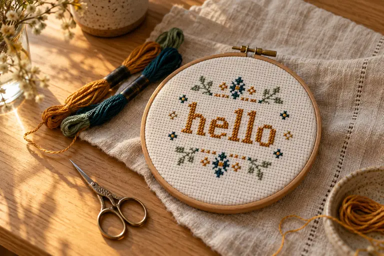 The word hello stitched in blocky letters in a hoop