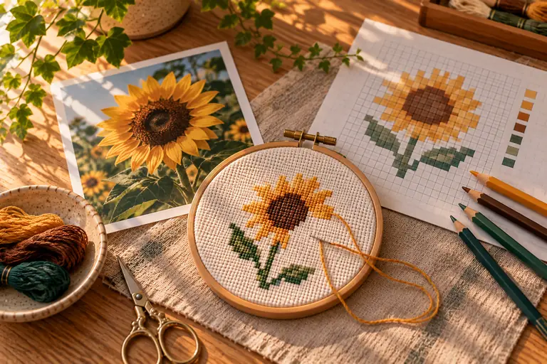 A sunflower photo, the same sunflower drawn on graph paper and stitched