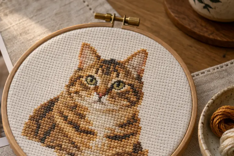 A tabby cat stitched in cross stitch in a wooden hoop