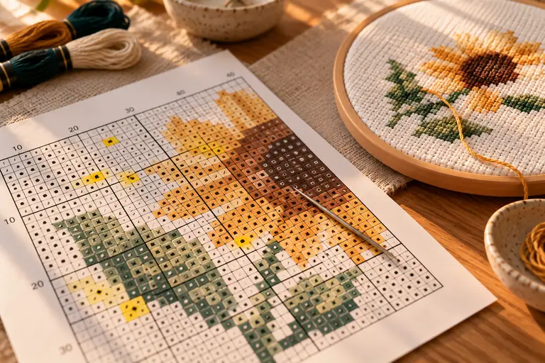 A printed symbol chart with a needle and a hoop in progress