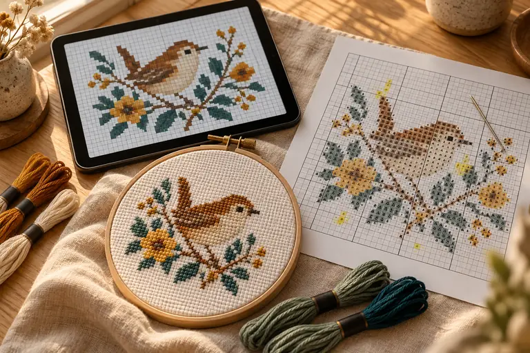 A tablet showing a bird chart next to the same design in a hoop