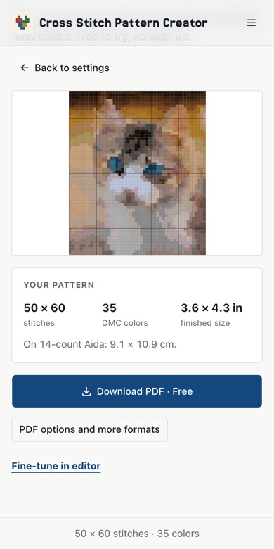 Stitches, colors and finished size of the pattern