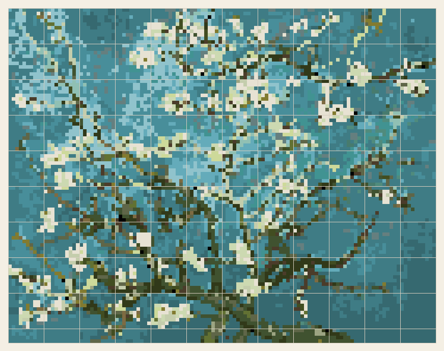 Almond Blossom cross stitch chart, 120 by 94 stitches, 24 colors, DMC 937, 3814, 3810, 3348, 991, 3768, 3031, 3808, 524, 807, 993, 730, 934, 3809, 12, 3053, 598, 3848, 935, 3051, 986, 822, 310, 829