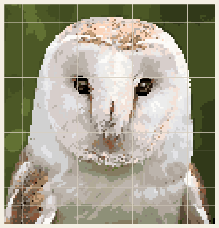 Barn owl cross stitch chart, 115 by 120 stitches, 26 colors, DMC 840, 640, 310, 936, 01, White, 762, 3023, 935, 3774, 648, 3024, 945, 3790, 453, 3866, 646, 647, 937, 838, 3022, 3371, 934, 168, 632, 422