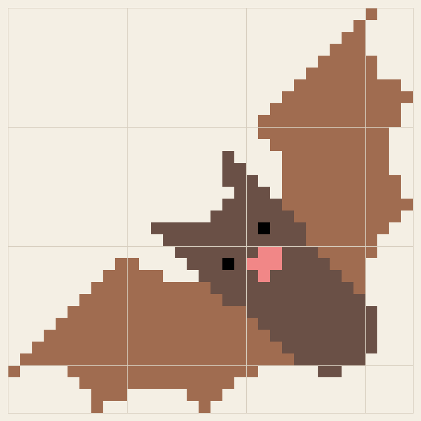 Bat cross stitch chart, 34 by 34 stitches, four colors, DMC 08, 3712, 310, 3772