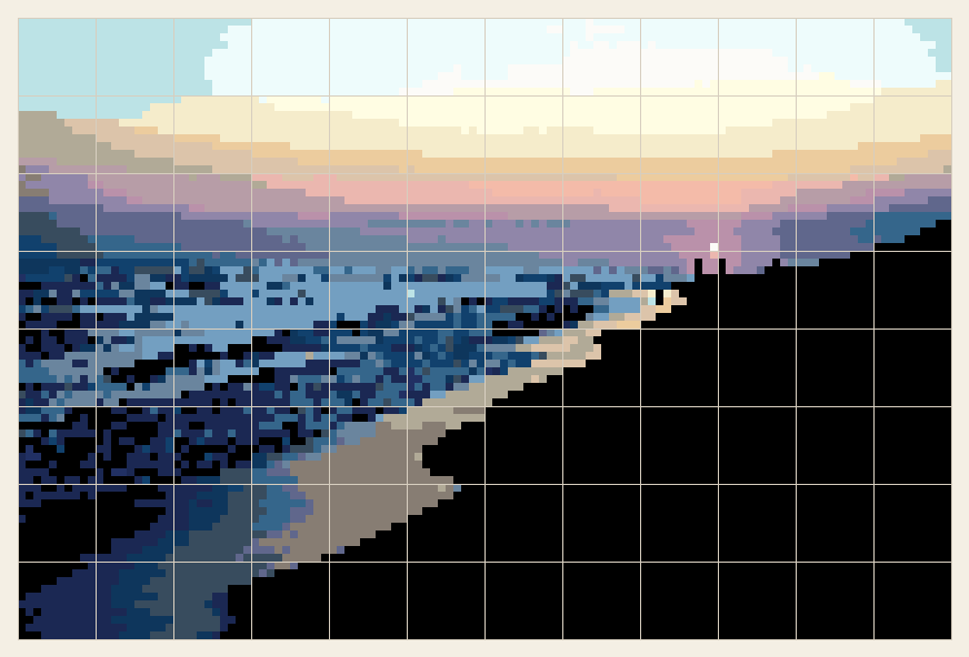Beach at sunset cross stitch chart, 120 by 80 stitches, 24 colors, DMC 224, 3836, 3756, 312, 3023, 3807, 3042, 939, 3750, 677, 646, 796, 28, 310, 613, 820, 3823, 738, White, 334, 931, 3811, 823, 3771