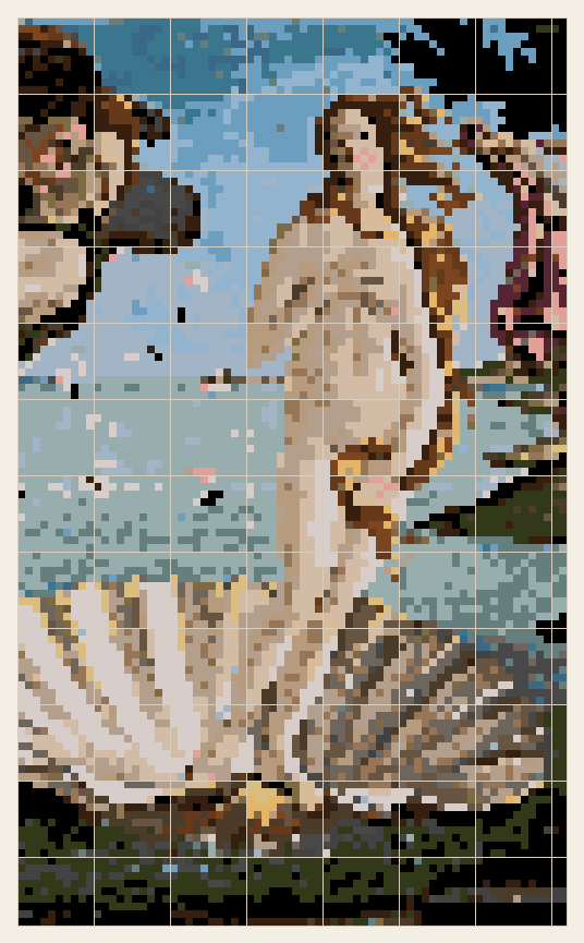 The Birth of Venus cross stitch chart, 72 by 119 stitches, 28 colors, DMC 834, 829, 152, 310, 3755, 3799, 611, 839, 453, 826, 3032, 3768, 844, 841, 728, 926, 645, 801, 3782, 3031, 517, 938, 824, 932, 934, 154, 3046, 433