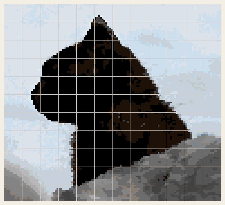Black cat portrait cross stitch chart, 120 by 109 stitches, 23 colors, DMC 775, 932, 310, 844, 04, 03, 318, 3841, 414, 3752, 646, 415, 3799, 3753, 162, 928, 3371, 927, 827, 169, 413, 317, 931