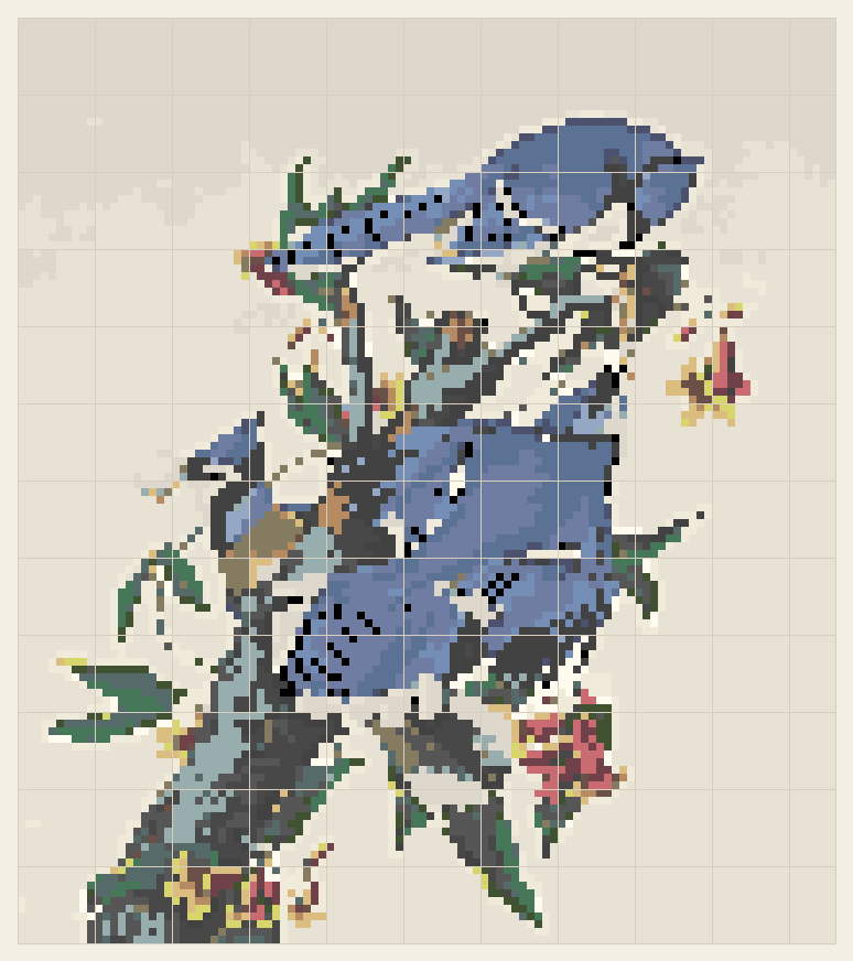 Blue jays cross stitch chart, 106 by 120 stitches, 24 colors, DMC 3687, 18, 644, 924, 3802, 640, 712, Ecru, 799, 3799, 3815, 3828, 926, 822, 310, 158, 793, 986, 834, 413, 844, 3838, 809, 08