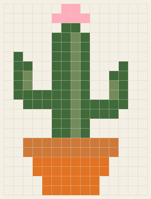Cactus in a pot cross stitch chart, 15 by 20 stitches, five colors, DMC 922, 3776, 988, 3346, 3706