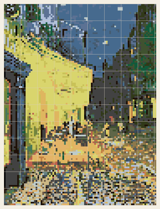 Café Terrace at Night cross stitch chart, 91 by 120 stitches, 28 colors, DMC 3023, 976, 924, 18, 3838, 469, 3840, 3051, 798, 728, 934, 830, 3818, 372, 310, 3799, 930, 3750, 3820, 3781, 927, 3371, 3768, 16, 986, 22, 732, 3815