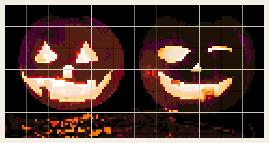 Carved pumpkin cross stitch chart, 120 by 62 stitches, 24 colors, DMC 3770, Ecru, 3371, 3777, B5200, 945, 19, 09, 817, 35, 3857, 951, 739, 310, 606, 720, 3855, 971, 815, 744, 814, 712, 543, 741