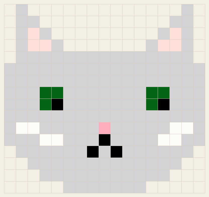Cat face cross stitch chart, 17 by 16 stitches, six colors, DMC White, 818, 699, 415, 310, 3706
