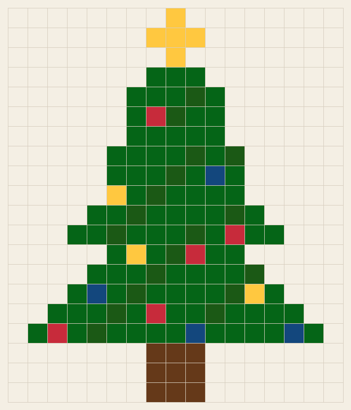 Christmas tree cross stitch chart, 17 by 20 stitches, six colors, DMC 3345, 801, 725, 699, 321, 797