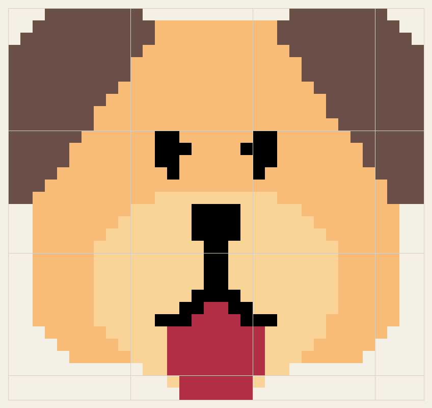Dog face cross stitch chart, 34 by 32 stitches, five colors, DMC 08, 3855, 310, 3827, 3831