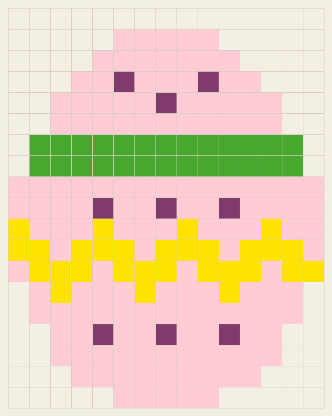 Easter egg cross stitch chart, 15 by 19 stitches, four colors, DMC 973, 702, 552, 3708