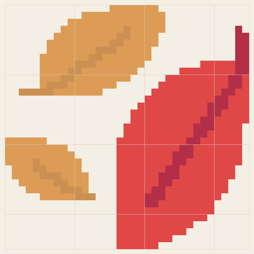 Fallen leaves cross stitch chart, 35 by 35 stitches, four colors, DMC 977, 3831, 436, 350
