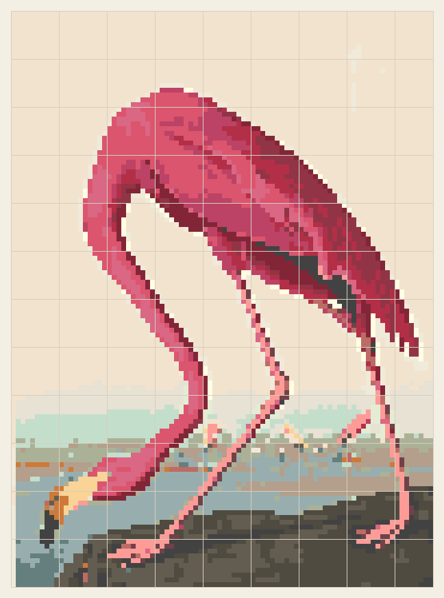 American flamingo cross stitch chart, 88 by 120 stitches, 24 colors, DMC 3722, 772, 3832, 3831, 3768, 3799, 523, 3021, 3731, 926, 902, 3802, 3032, 543, 352, 3823, 822, 777, Ecru, 504, 3350, 3787, 3776, 3855