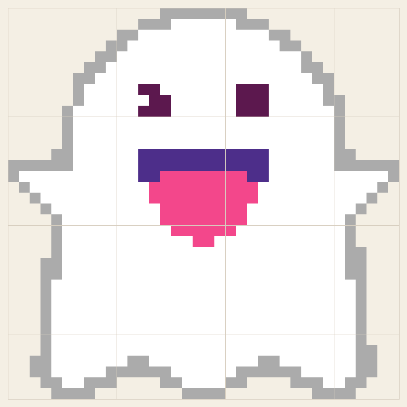 Ghost cross stitch chart, 36 by 36 stitches, five colors, DMC 318, 3805, 32, B5200, 550