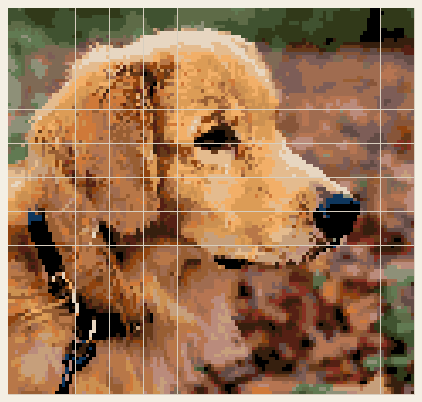 Golden retriever cross stitch chart, 120 by 114 stitches, 28 colors, DMC 779, 3362, 3022, 435, 09, 422, 3859, 986, 434, 3860, 977, 3773, 3776, 437, 820, 3772, 400, 934, 310, 632, 3854, 938, 3777, 801, 436, 367, 3790, 3047