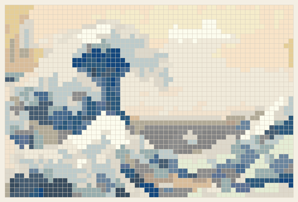The Great Wave off Kanagawa cross stitch chart, 60 by 40 stitches, 23 colors, DMC 676, 3838, 739, 3023, 797, 772, 822, 927, 543, 644, 930, 3750, 803, Ecru, 798, 3046, 677, 931, 169, 414, 926, 746, 3032