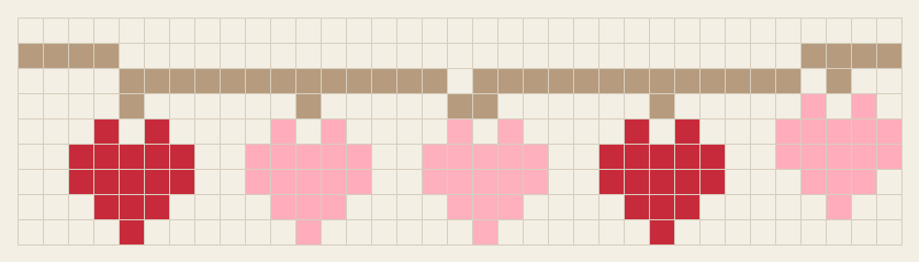 Heart garland cross stitch chart, 35 by 9 stitches, four colors, DMC 321, 3706, 604, 841