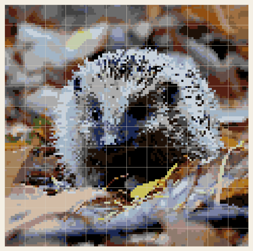 Hedgehog cross stitch chart, 120 by 119 stitches, 28 colors, DMC 158, 3863, 975, 310, 09, 161, 08, 779, 317, 3782, 3371, 413, 3861, 07, 936, 318, 869, 939, 3799, 160, 801, 3752, 782, 414, 932, 16, 524, 420