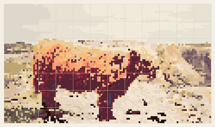 Highland cow cross stitch chart, 120 by 69 stitches, 26 colors, DMC 3787, 779, 22, Ecru, 676, 3371, 841, 402, 154, 739, 3047, 451, 437, 902, 822, 371, 613, 543, 3827, 722, 3046, 791, 738, 644, 728, 3740