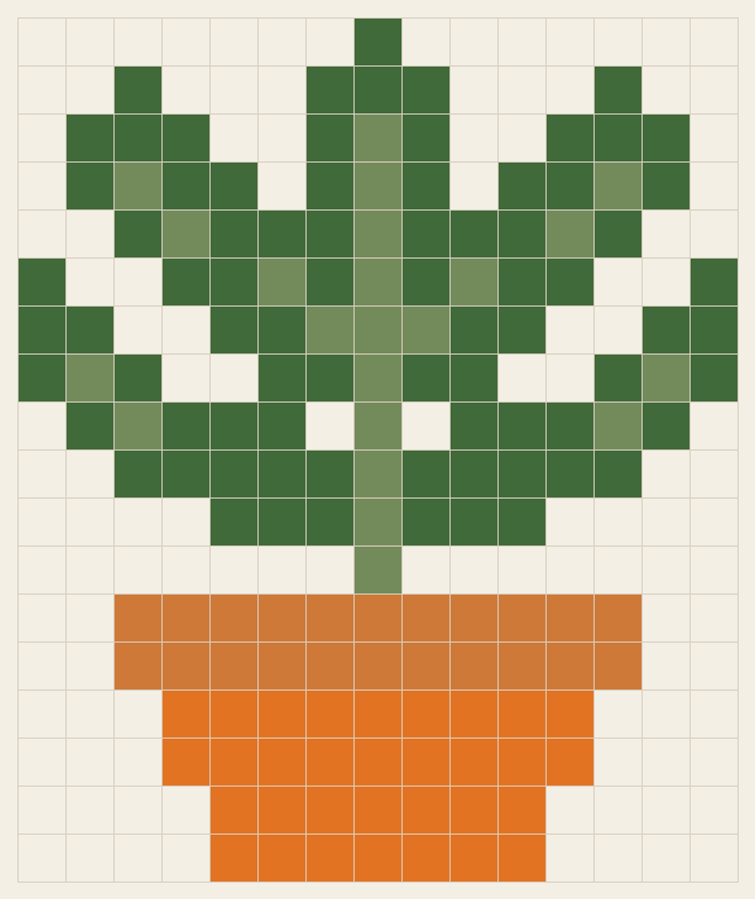 Houseplant cross stitch chart, 15 by 18 stitches, four colors, DMC 922, 988, 3776, 3346