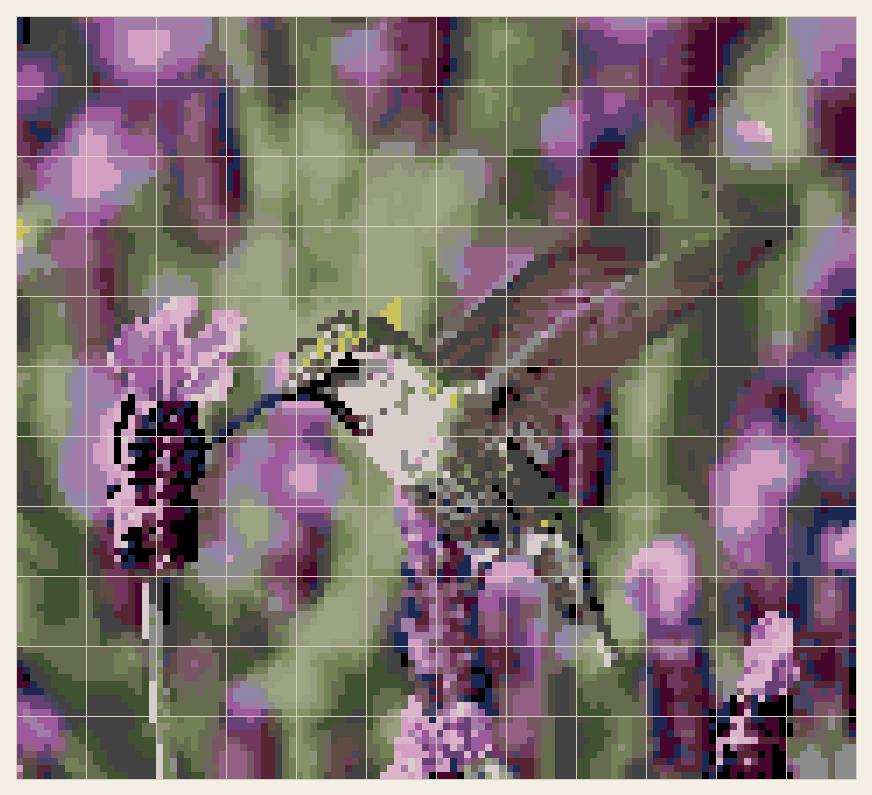 Hummingbird cross stitch chart, 120 by 109 stitches, 28 colors, DMC 3022, 791, 310, 3799, 154, 3835, 986, 3834, 3363, 33, 645, 414, 35, 779, 16, 520, 522, 210, 3740, 29, 3052, 3053, 453, 3021, 209, 554, 28, 939