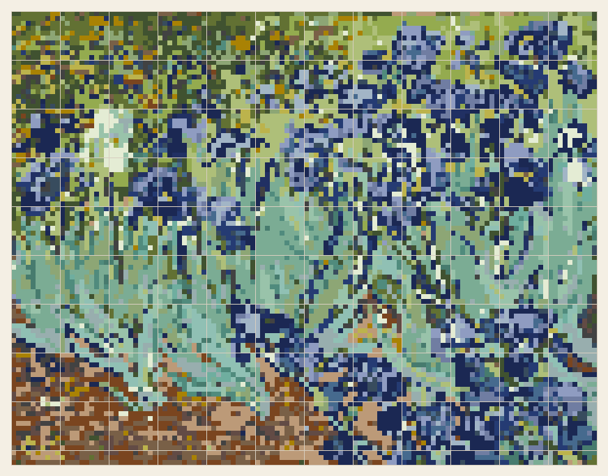Irises cross stitch chart, 120 by 93 stitches, 28 colors, DMC 3814, 772, 733, 503, 612, 823, 470, 3750, 471, 336, 989, 794, 798, 3799, 992, 939, 793, 610, 986, 433, 993, 926, 3829, 937, 3817, 991, 779, 932
