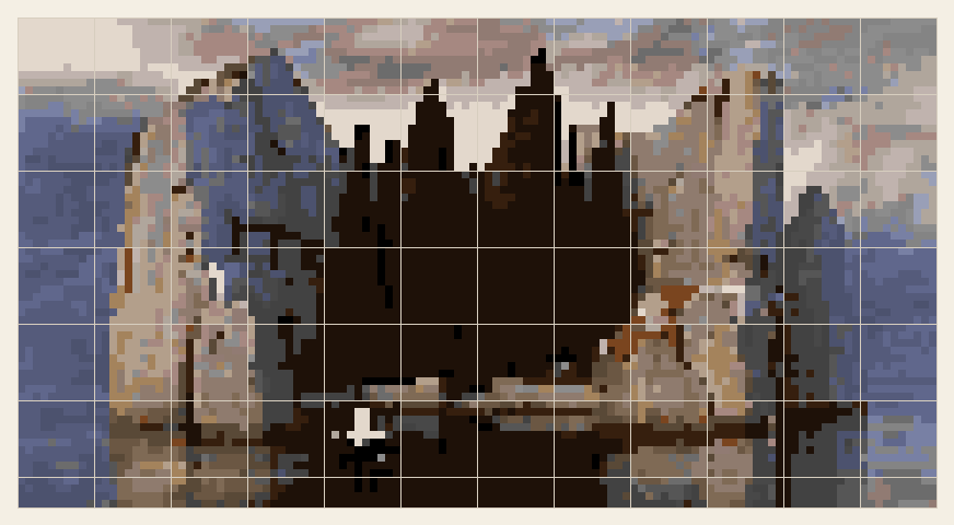 Isle of the Dead cross stitch chart, 120 by 64 stitches, 26 colors, DMC 3781, 413, 161, 792, 647, 844, 3790, 451, 3799, 3032, 158, 938, 3863, 452, 3371, 838, 317, 07, 3807, 169, 3861, 433, 414, 3033, 160, 310