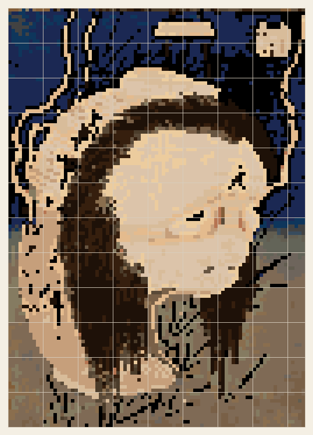 The Lantern Ghost cross stitch chart, 85 by 120 stitches, 24 colors, DMC 3787, 869, 3790, 437, 839, 3031, 820, 3371, 640, 939, 3862, 3799, 738, 310, 645, 535, 613, 610, 838, 3046, 938, 422, 3750, 3773