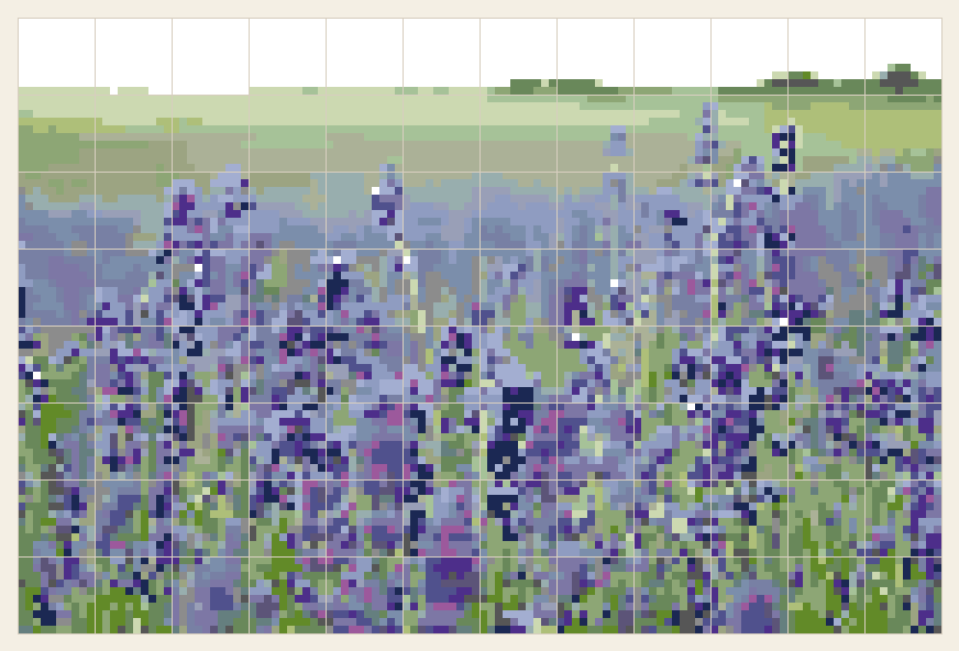 Lavender field cross stitch chart, 120 by 80 stitches, 24 colors, DMC 471, 333, 30, 3348, 3768, 156, 368, 989, 32, 3839, 523, 905, 926, B5200, 3053, 160, 794, 414, 939, 31, 161, 320, 33, 413