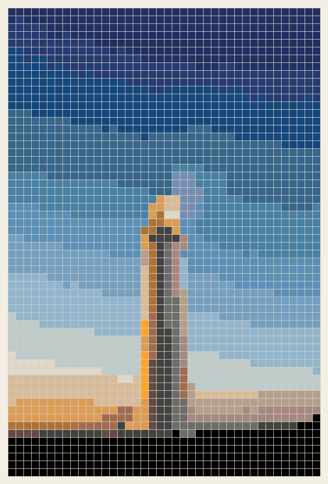 Lighthouse at dusk cross stitch chart, 40 by 60 stitches, 22 colors, DMC 779, 741, 797, 927, 3772, 317, 3032, 823, 3046, 310, 3799, 799, 336, 312, 644, 3826, 825, 977, 3861, 334, 322, 3755