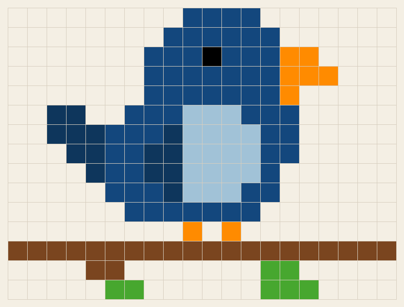 Little bird cross stitch chart, 20 by 15 stitches, eight colors, DMC 433, 813, 820, 797, 740, 310, 820, 702