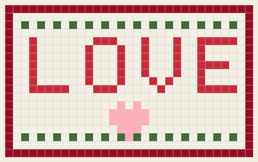 LOVE sampler cross stitch chart, 31 by 19 stitches, four colors, DMC 321, 3346, 3706, 816