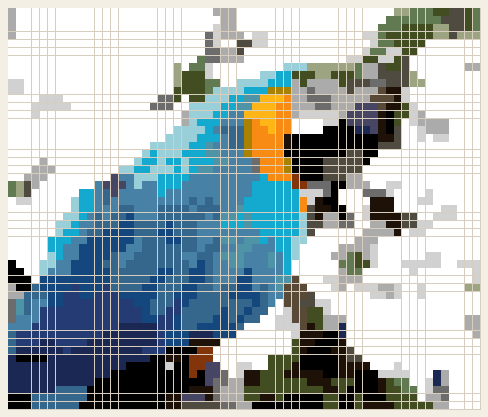 Blue and yellow macaw cross stitch chart, 60 by 51 stitches, 24 colors, DMC 838, 972, 310, 939, 3053, 3021, 317, 312, 336, 825, 3371, 791, 935, B5200, 970, 518, 318, 3766, 367, 797, 3843, 168, 3829, 918