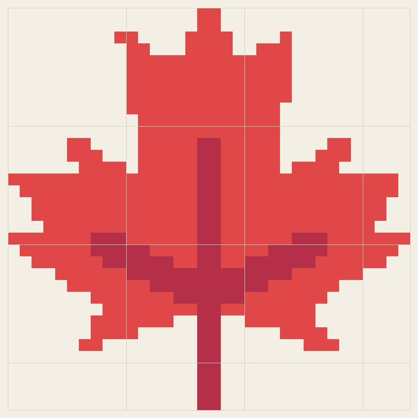 Maple leaf cross stitch chart, 34 by 34 stitches, two colors, DMC 3831, 350