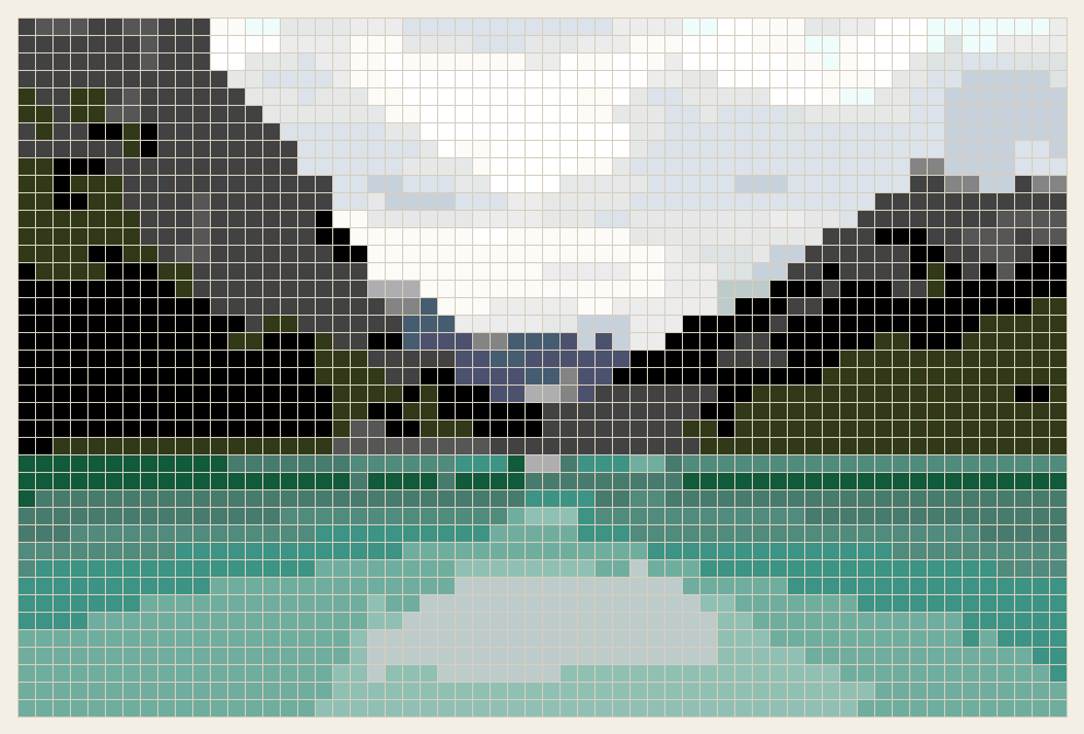 Mountain lake cross stitch chart, 60 by 40 stitches, 23 colors, DMC 930, 169, 3799, 993, 3756, 927, 762, 992, 991, 934, B5200, 928, 3072, 310, 413, 158, 3753, 3818, 3752, White, 3814, 943, 04