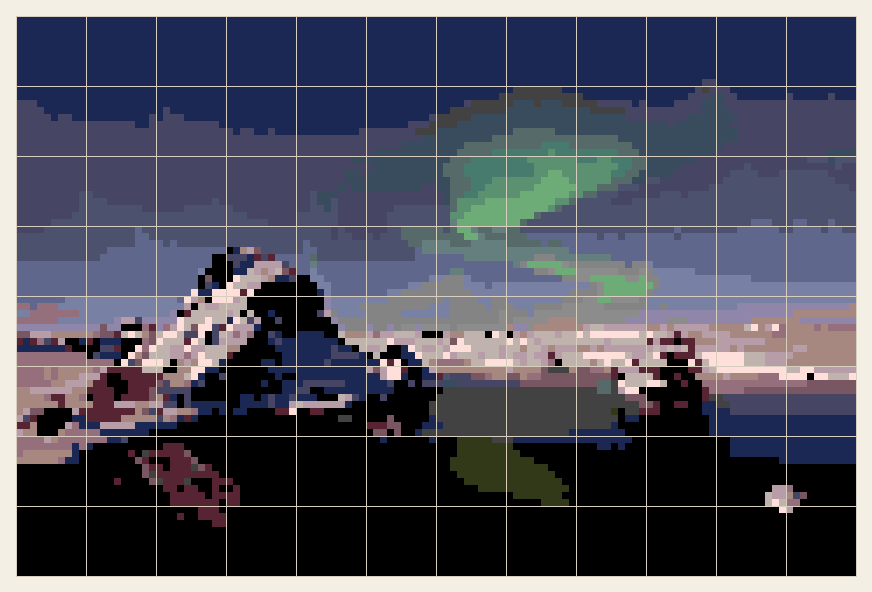 Northern lights cross stitch chart, 120 by 80 stitches, 24 colors, DMC 502, 414, 3768, 939, 3042, 913, 169, 924, 791, 154, 158, 452, 3740, 3861, 310, 934, 28, 3807, 3041, 818, 3799, 161, 3750, 991