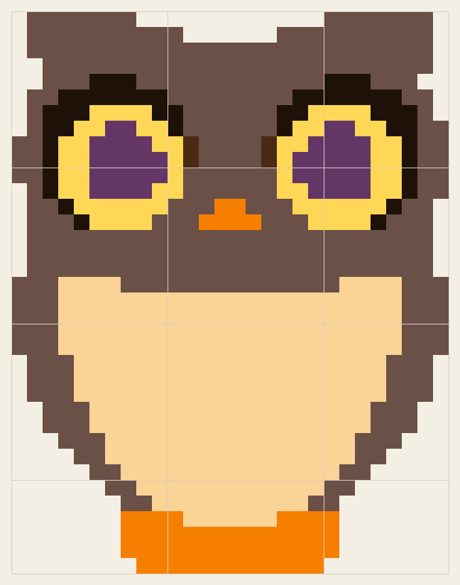 Owl cross stitch chart, 28 by 36 stitches, seven colors, DMC 3855, 726, 971, 08, 3371, 898, 327