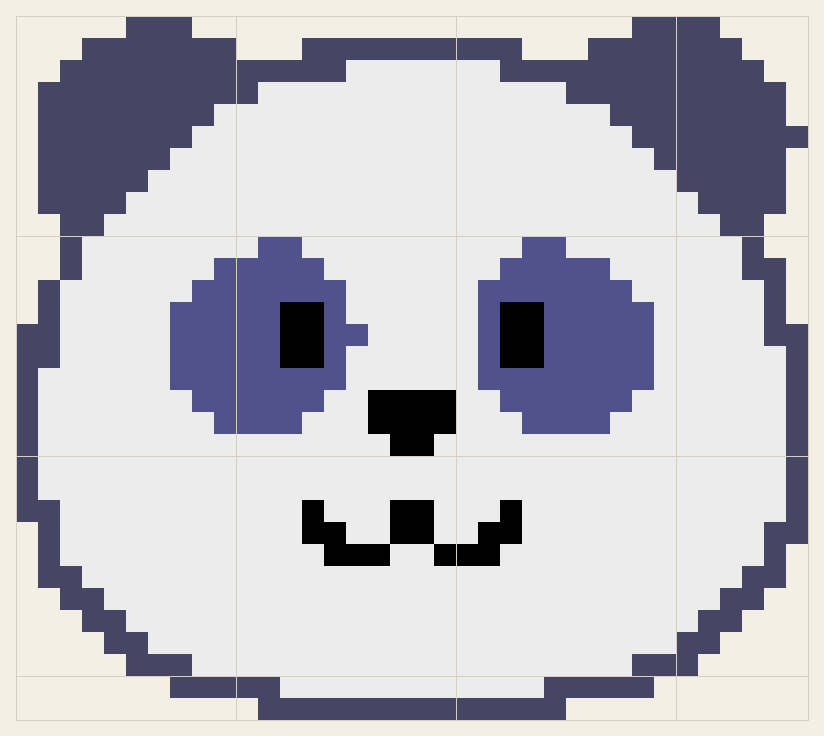 Panda cross stitch chart, 36 by 32 stitches, four colors, DMC 791, 31, 310, 762