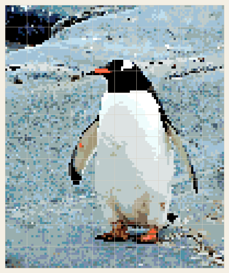 Penguin cross stitch chart, 100 by 120 stitches, 24 colors, DMC 820, 434, 3340, 813, 3756, 3031, 642, 523, 927, 3023, 928, 930, 09, 827, 926, 3790, 939, 3839, B5200, 3799, 518, 3768, 310, 608