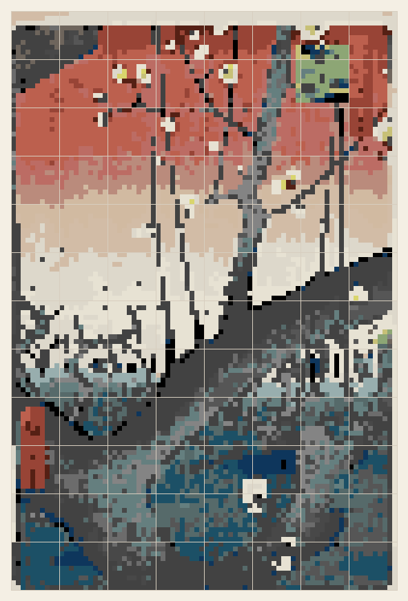 Plum Garden at Kameido cross stitch chart, 80 by 120 stitches, 24 colors, DMC 989, 645, 18, 644, 355, 926, 169, 842, 22, 3859, 822, 413, 09, 3768, 3799, 310, 820, 3782, 844, 317, 924, 311, 3722, 734
